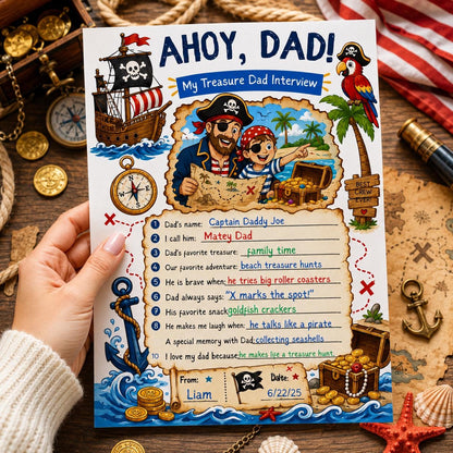 Father's Day Interview Printable, Ahoy Dad Pirate Treasure Gift From Kids Canva Template