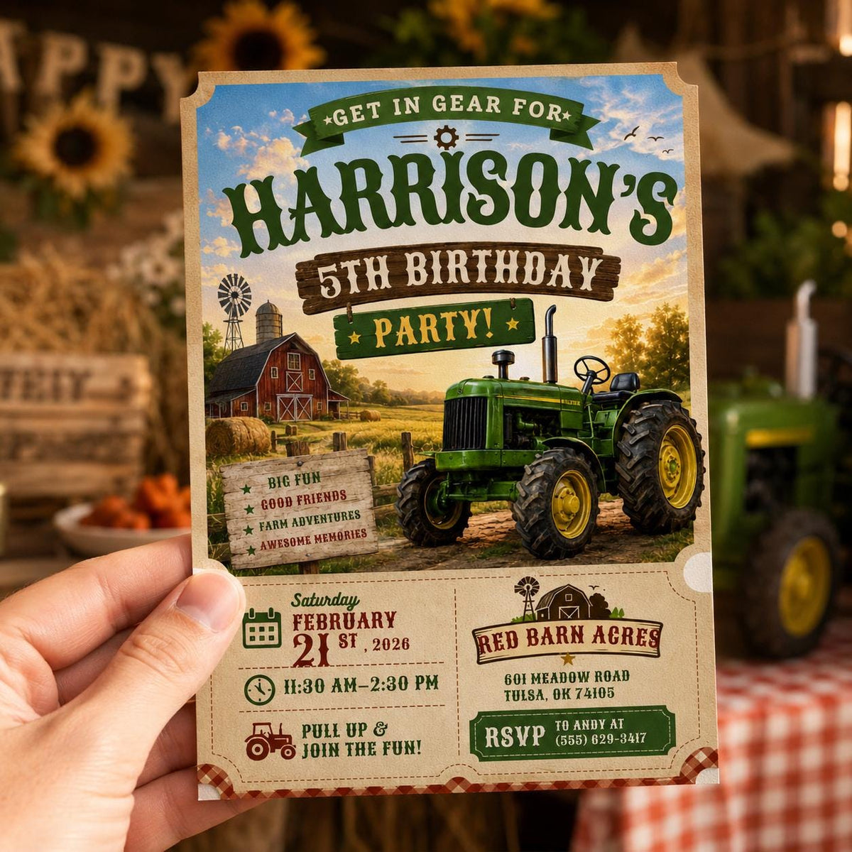 Tractor 5th Birthday Invitation – Rustic Farm and Barnyard Party Invite for Boys