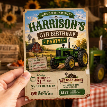 Tractor 5th Birthday Invitation – Rustic Farm and Barnyard Party Invite for Boys