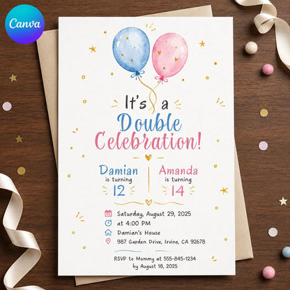 Double Birthday Invitation – Joint Party for Two Kids – Sibling Celebration