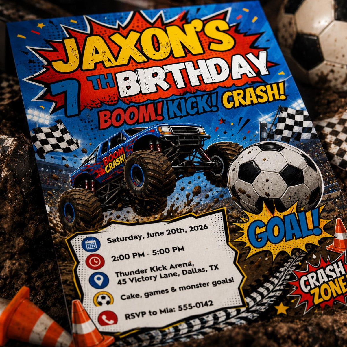 Monster Truck Soccer Birthday Invitation Boy – Comic Book Party