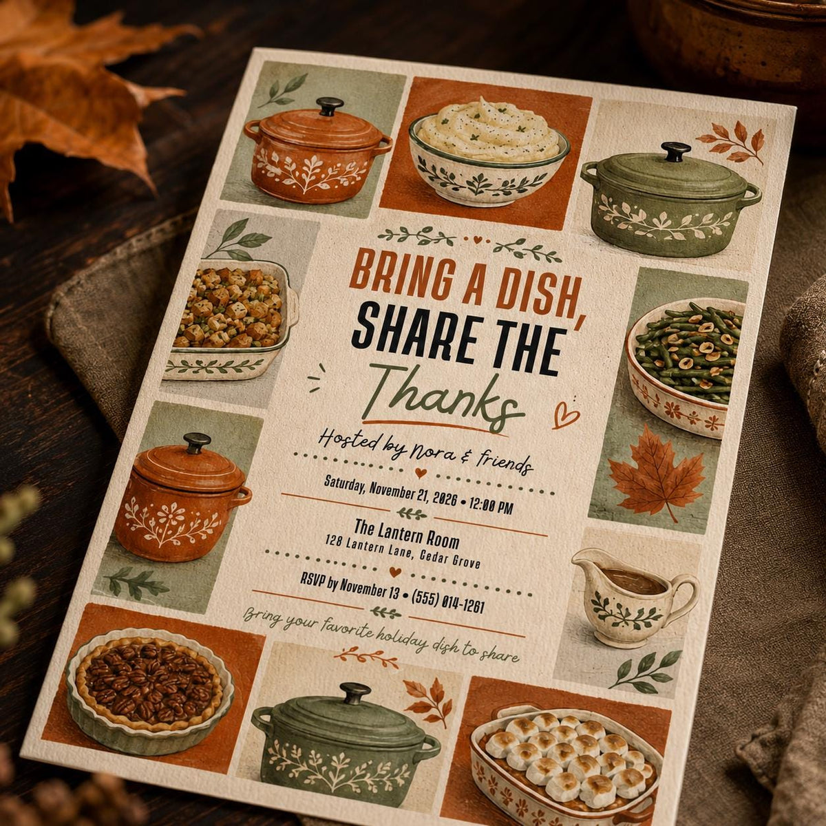 Thanksgiving Potluck Invitation, Bring a Dish Share the Thanks, Fall Dinner Party Invite, Editable Canva Template