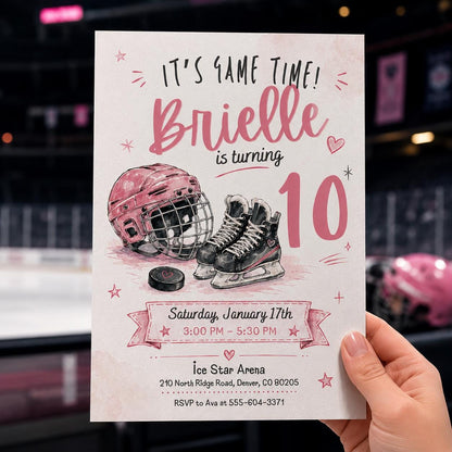 Girls Hockey Birthday Invitation – Pink Ice Hockey 10th Birthday Party Invite