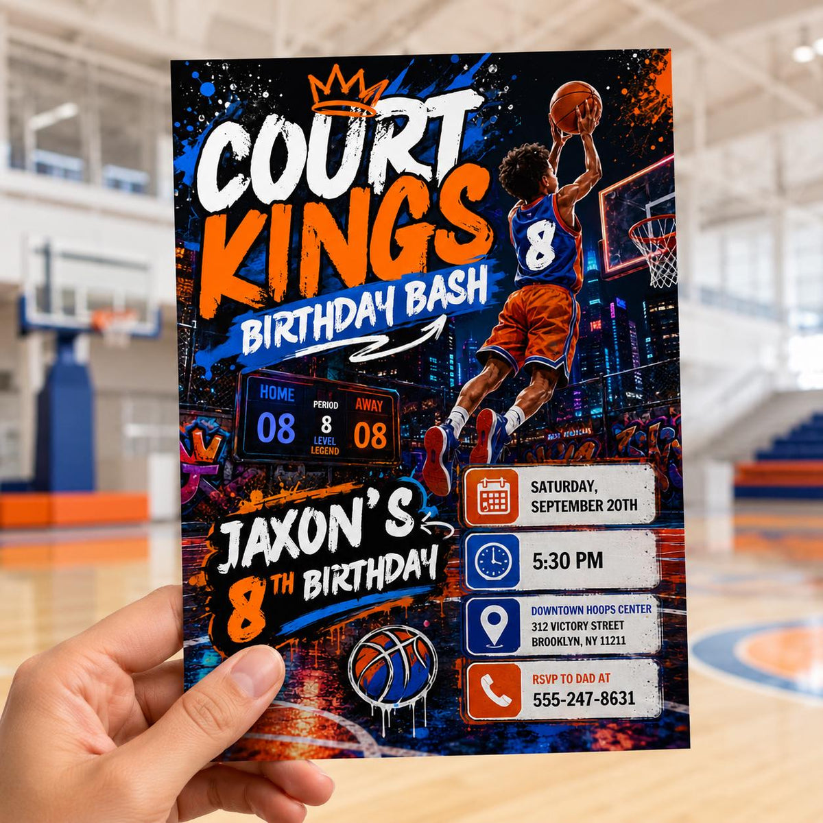 Basketball 8th Birthday Invitation – Court Kings Sports Party Invite (Digital invite)