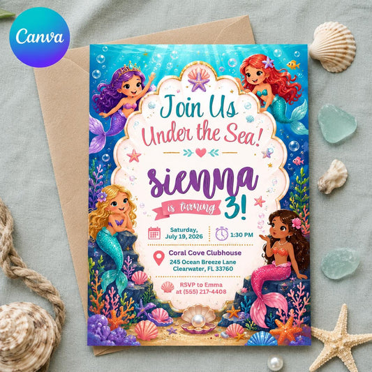 Mermaid 3rd Birthday Invitation – Under the Sea Fantasy Party for Girls