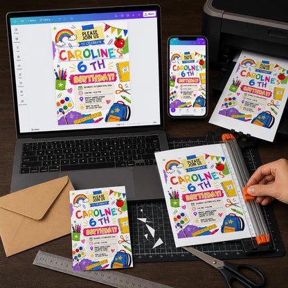 6th Birthday Invitation – Colorful School Doodle Art Party Invite for Kids