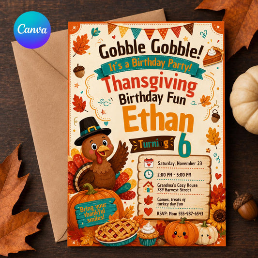 Thanksgiving Birthday Invitation – Cute Turkey 6th Birthday Boy – Fall Party