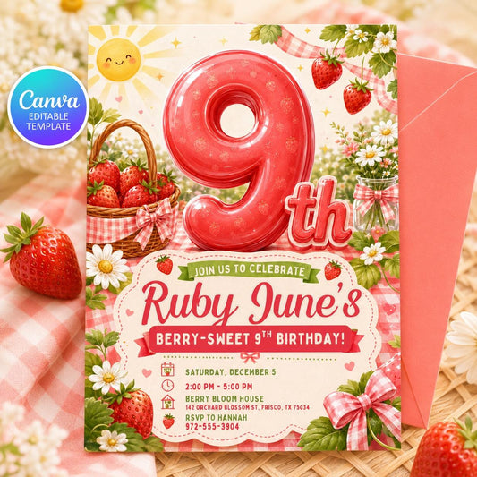 Strawberry Birthday Invitation – Berry Sweet 9th Girl Party Invite – Pink Gingham
