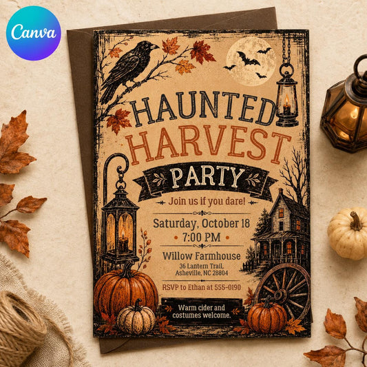 Haunted Harvest Party Invitation – Rustic Farmhouse Halloween Invite – Vintage Pumpkin Costume Event