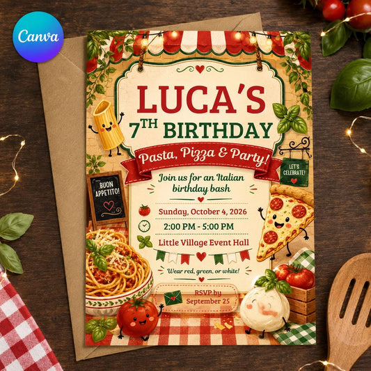 Italian Birthday Invitation – Pasta Pizza Party Invite for Kids – 7th Birthday Dinner
