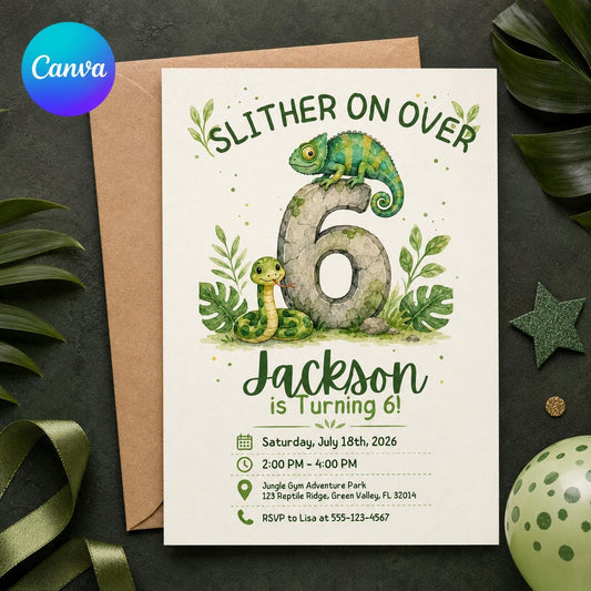 Reptile 6th Birthday Invitation – Slither On Over Chameleon Snake Party