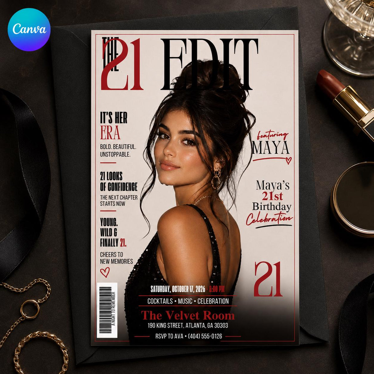 Editorial 21st Birthday Magazine Invitation — editable Canva template