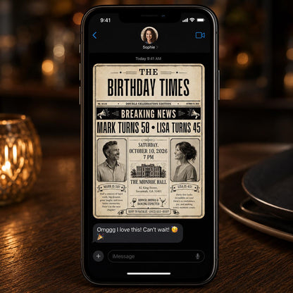 Editorial Adult Joint Birthday Invitation — newspaper design