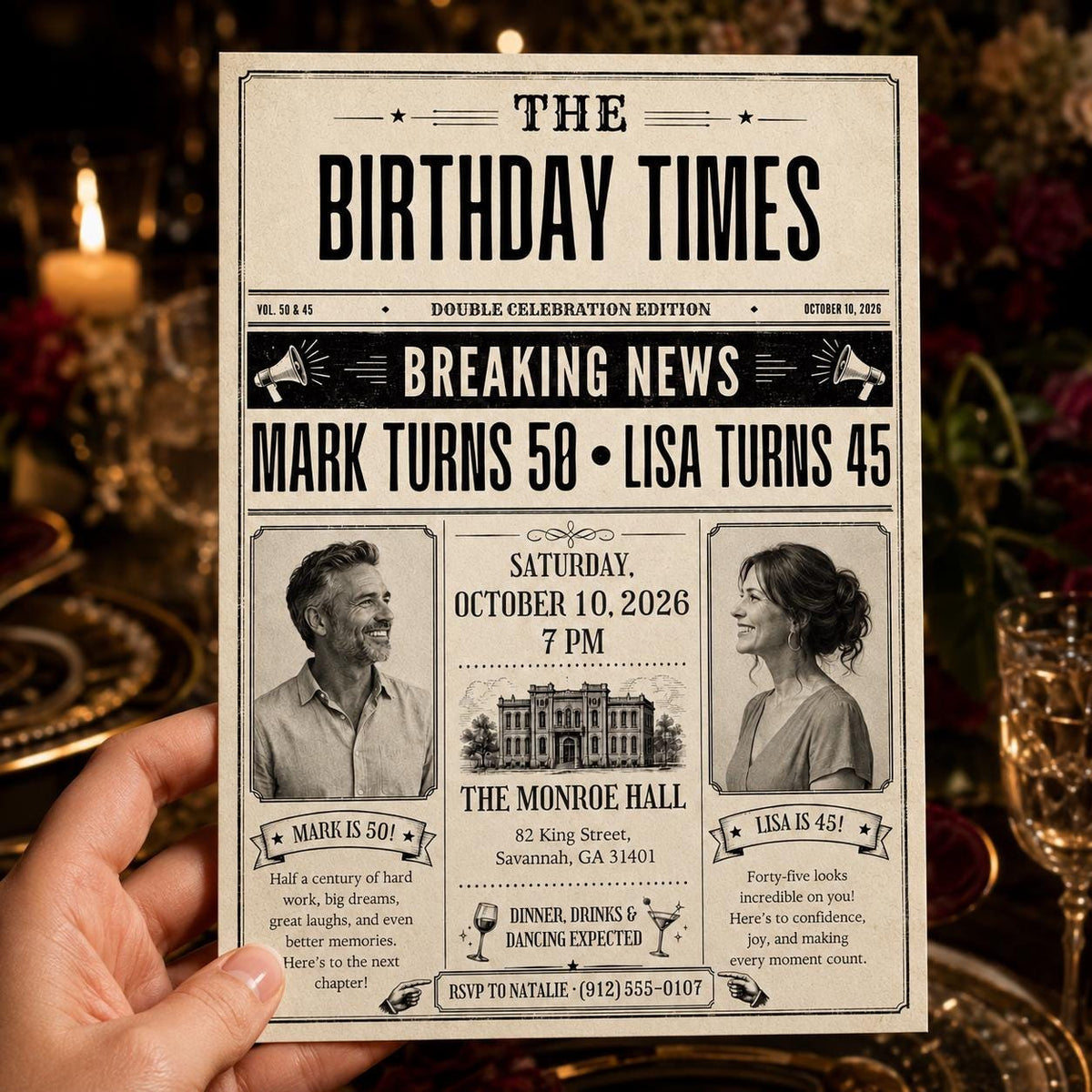Editorial Adult Joint Birthday Invitation — invitation you personalize in Canva