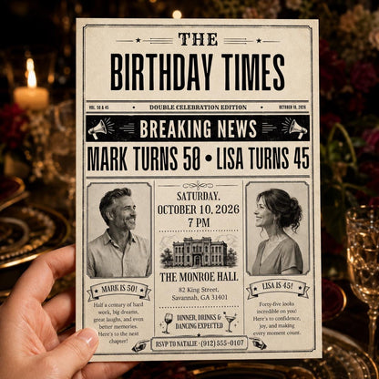 Editorial Adult Joint Birthday Invitation — invitation you personalize in Canva