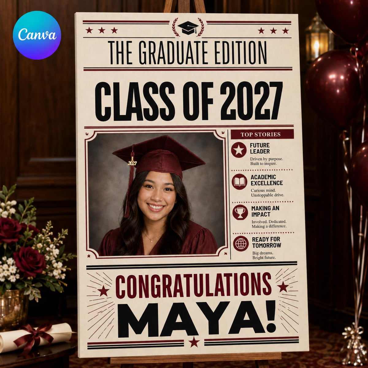 Editorial Graduation Welcome Sign Class of 2027 — editable Canva template