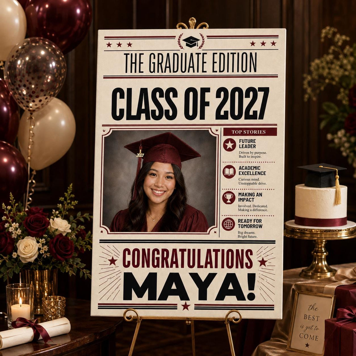 Editorial Graduation Welcome Sign Class of 2027 — print-ready graduation party design from VoltBy