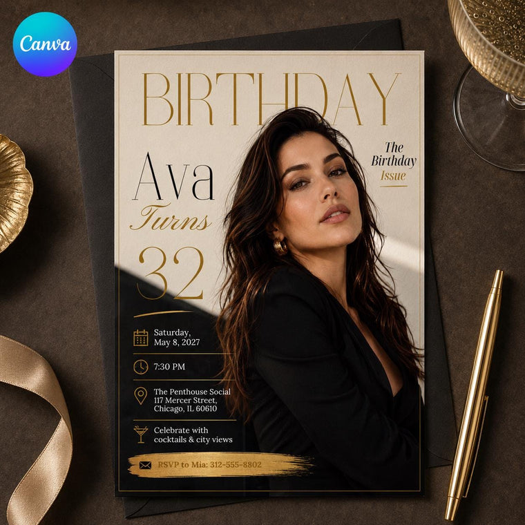 Editorial Modern 32nd Birthday Magazine Invitation