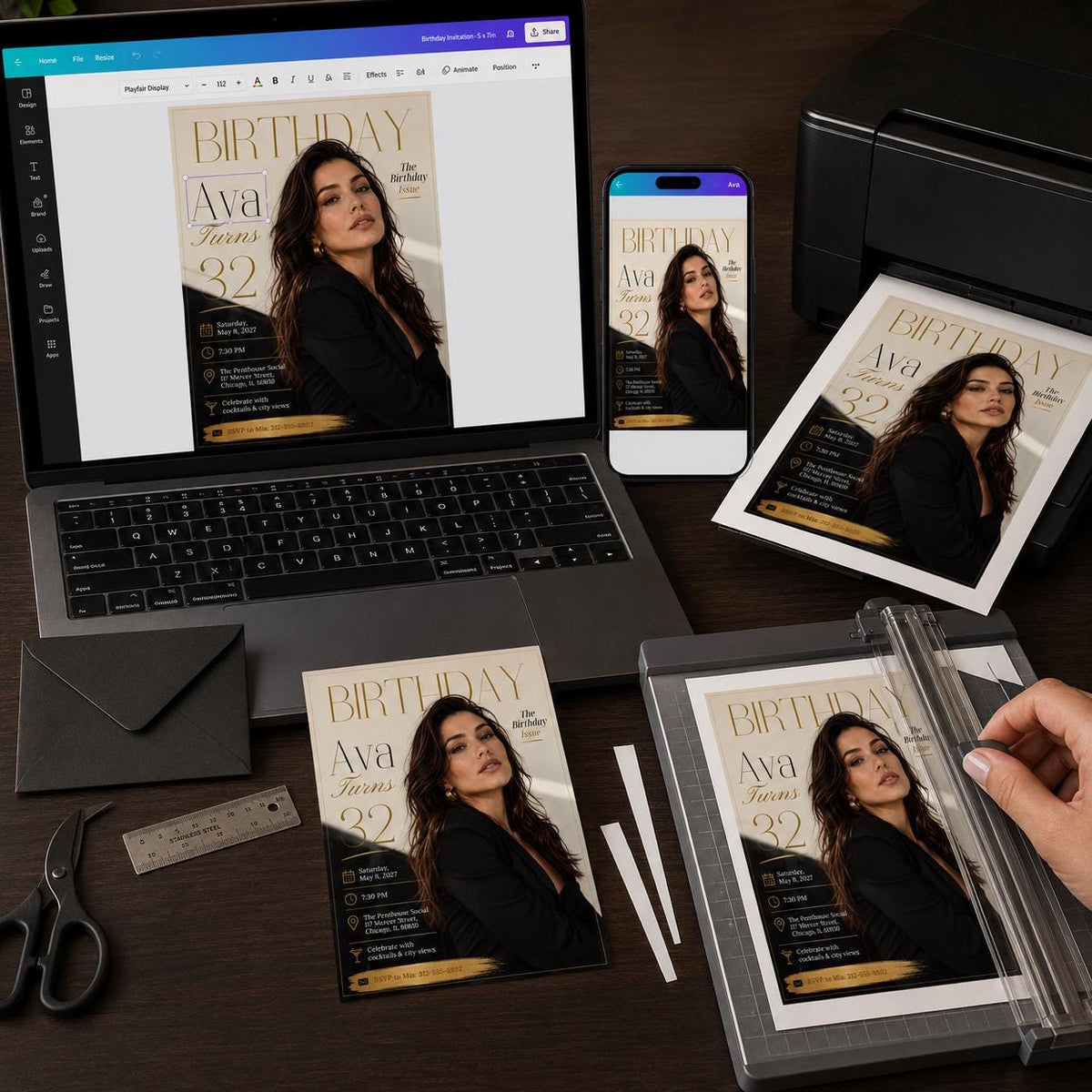 Editorial Modern 32nd Birthday Magazine Invitation — invitation you personalize in Canva
