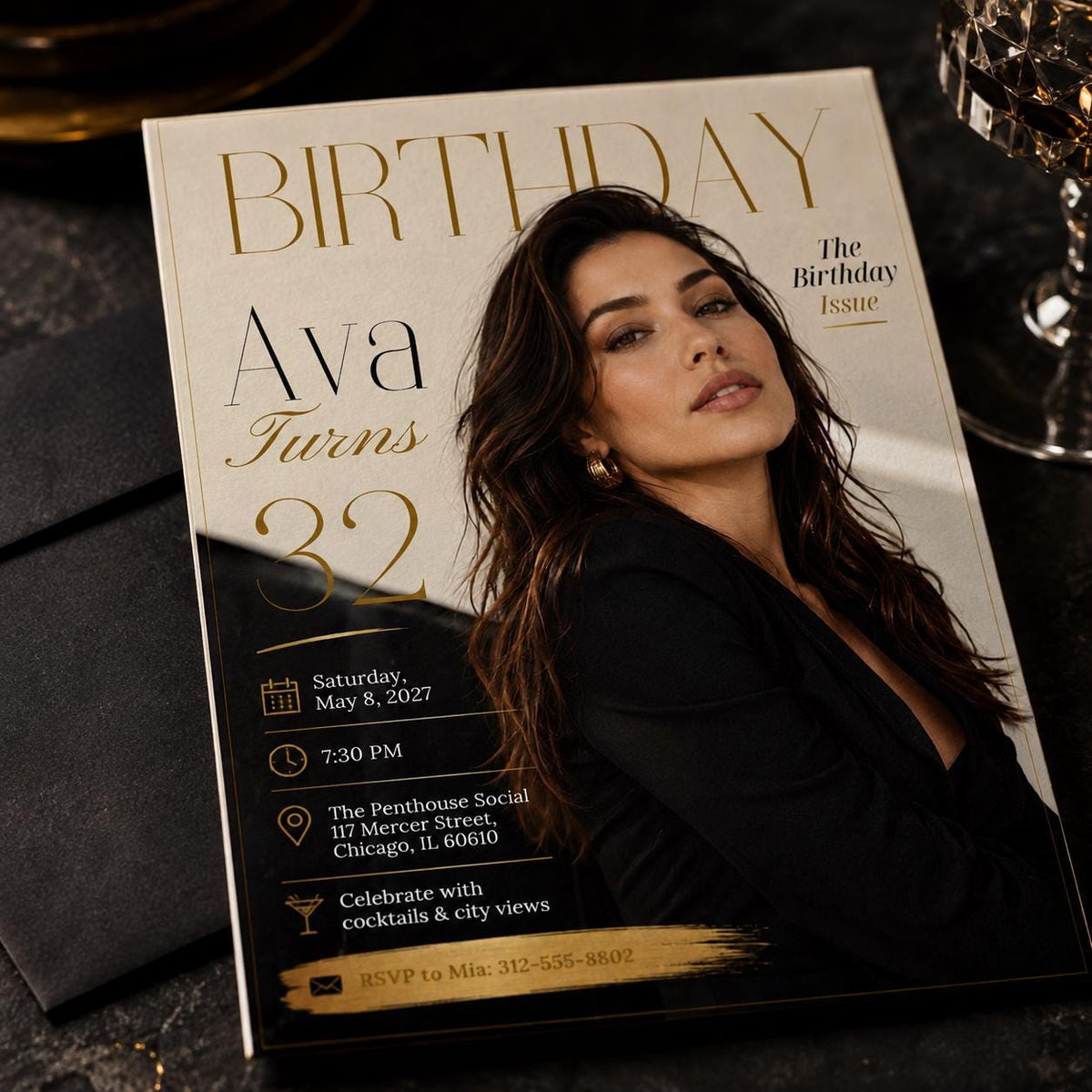 Editorial Modern 32nd Birthday Magazine Invitation — print-ready 32nd birthday party design from VoltBy
