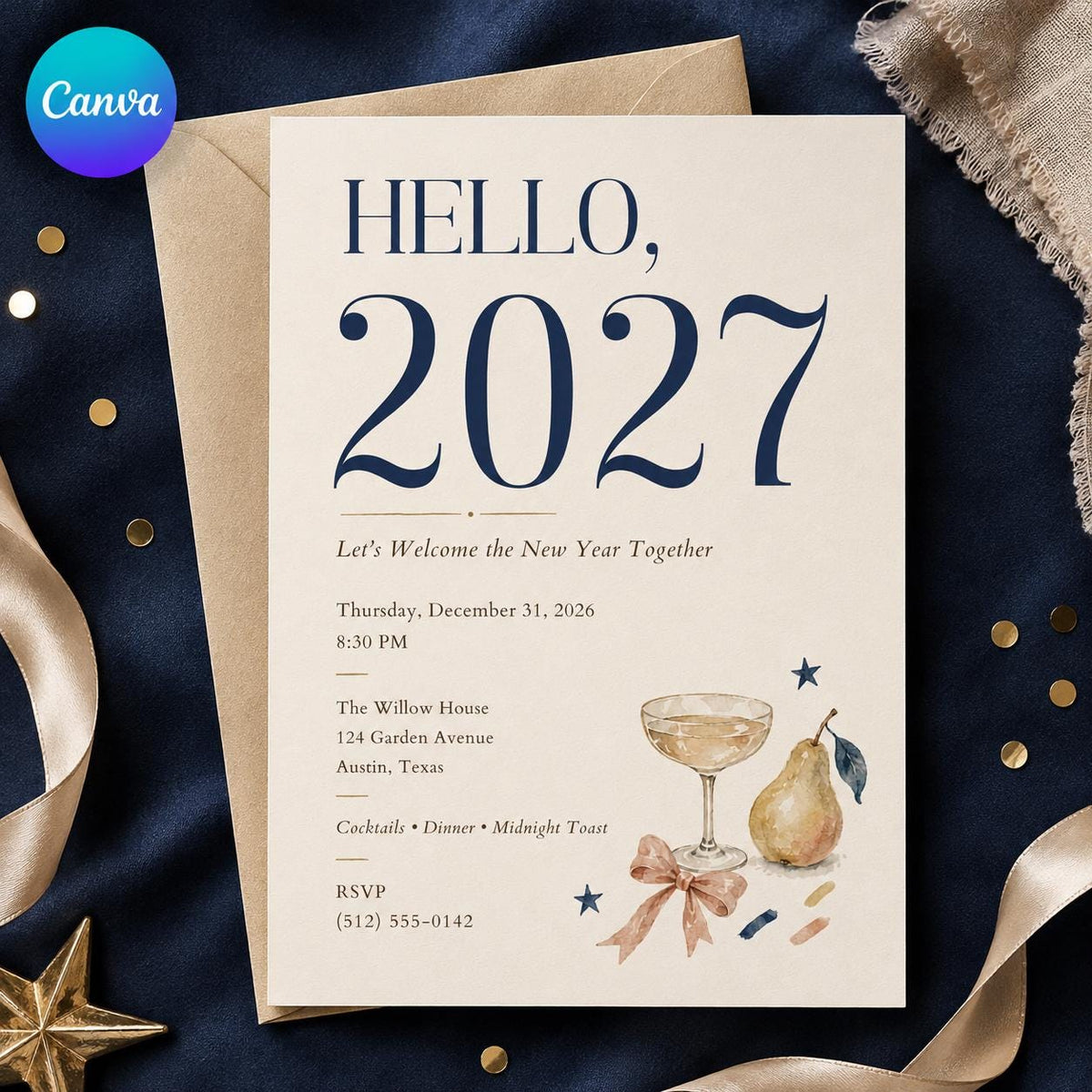 Elegant 2027 New Year's Eve Invitation — editable Canva template