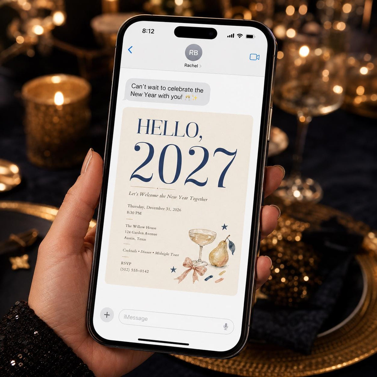 Elegant 2027 New Year's Eve Invitation — bow and champagne design