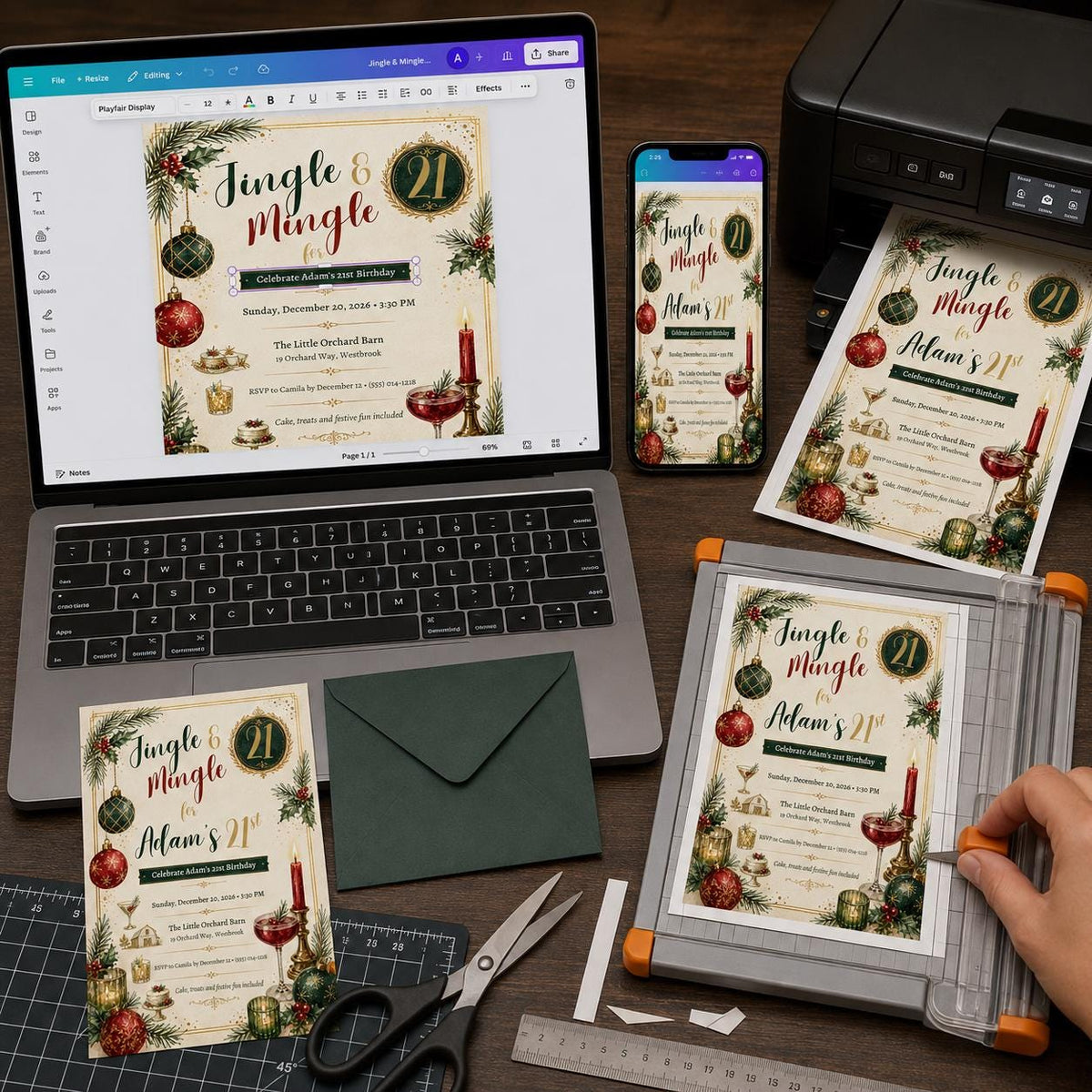 Elegant 21st Birthday Christmas Invitation — print-ready 21st birthday party design from VoltBy