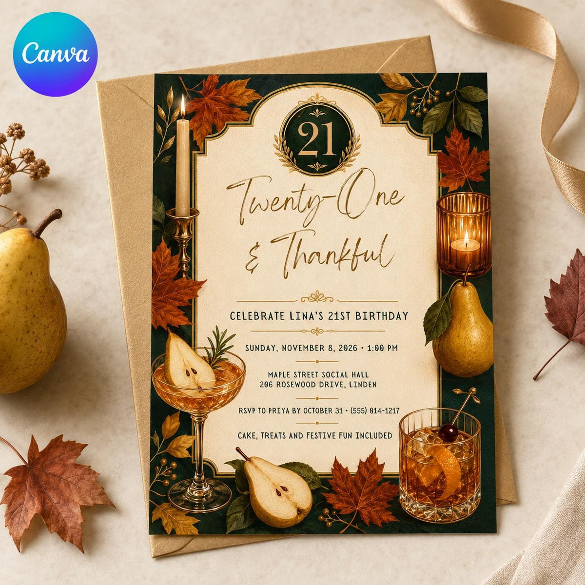 Elegant 21st Birthday Invitation — editable Canva template