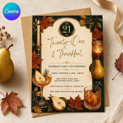 Elegant 21st Birthday Invitation — editable Canva template