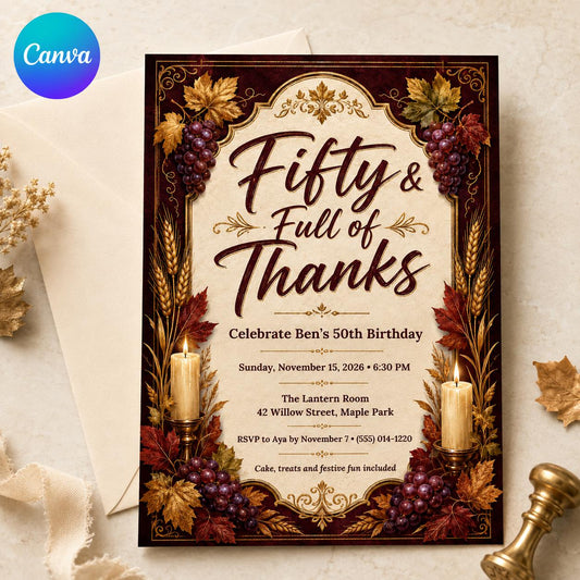 Elegant 50th Birthday Invitation — editable Canva template