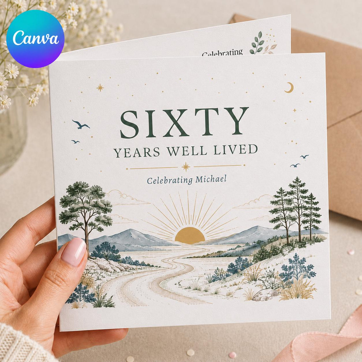 Elegant 60th Birthday Greeting Card for Him — editable Canva template