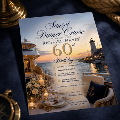 Elegant 60th Birthday Yacht Invitation — print-ready 60th birthday party design from VoltBy