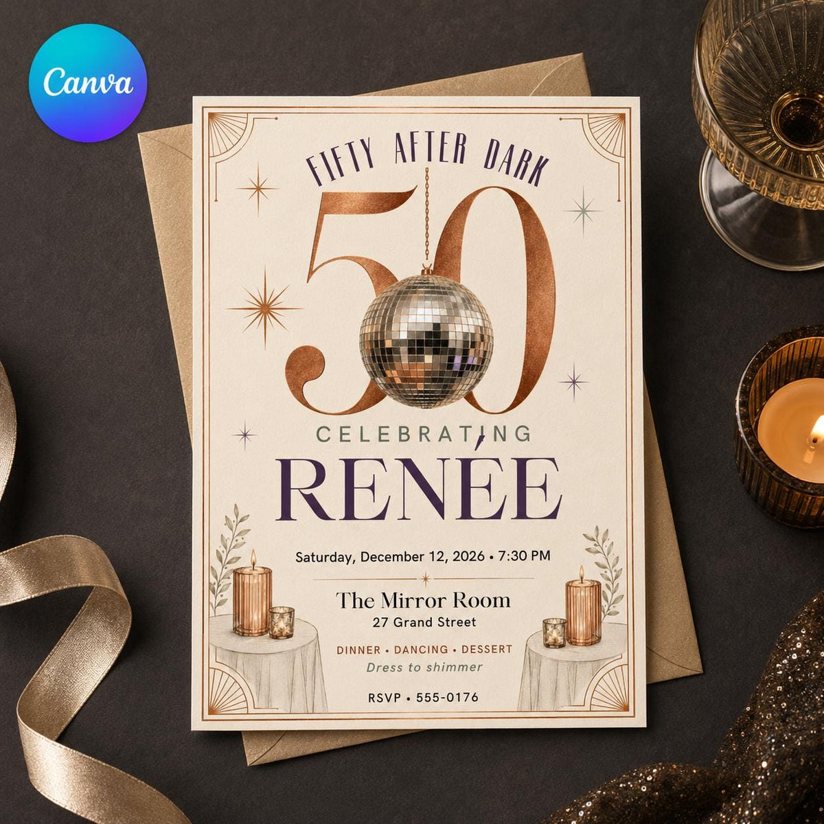 Elegant Art Deco 50th Birthday Invitation — editable Canva template