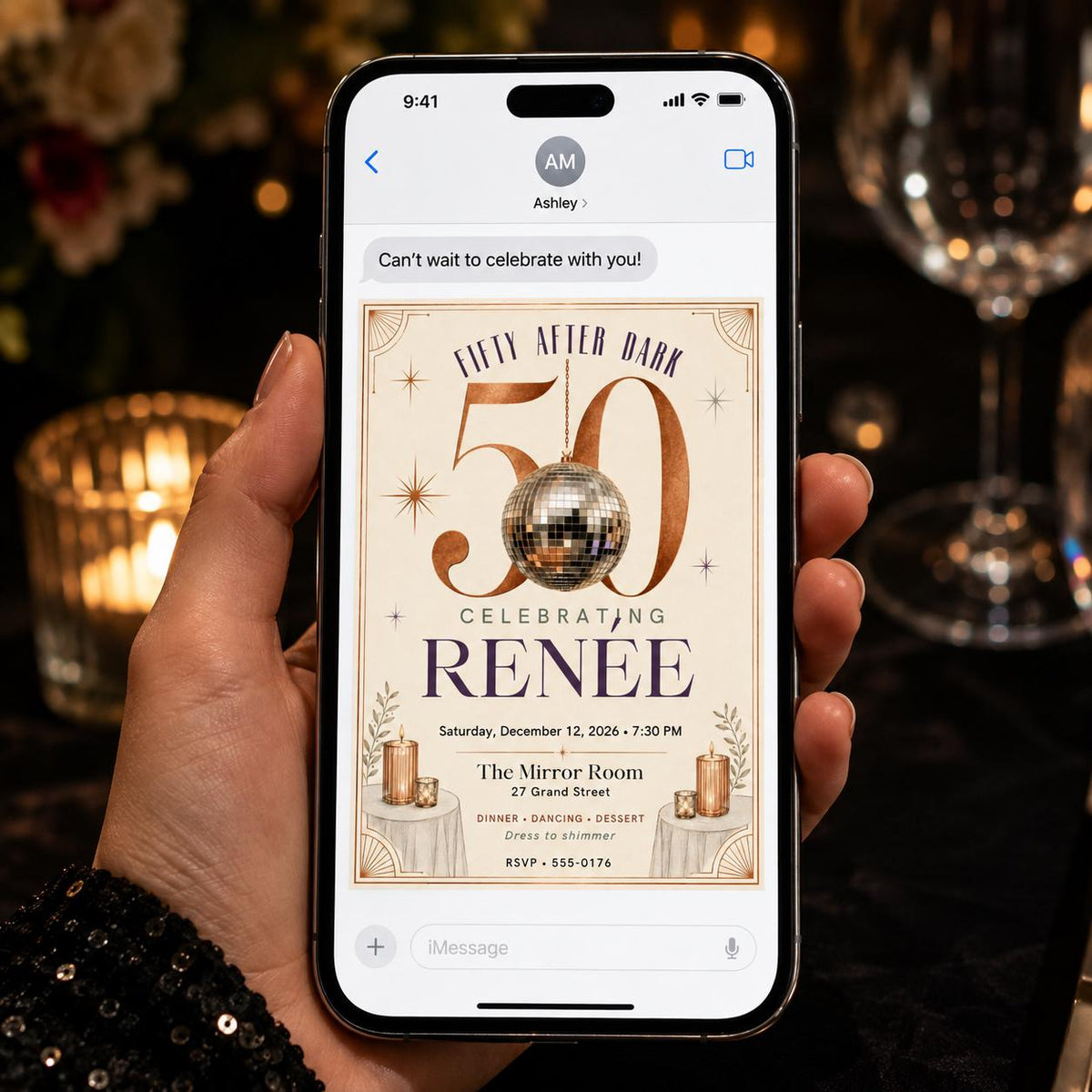 Elegant Art Deco 50th Birthday Invitation — disco ball design