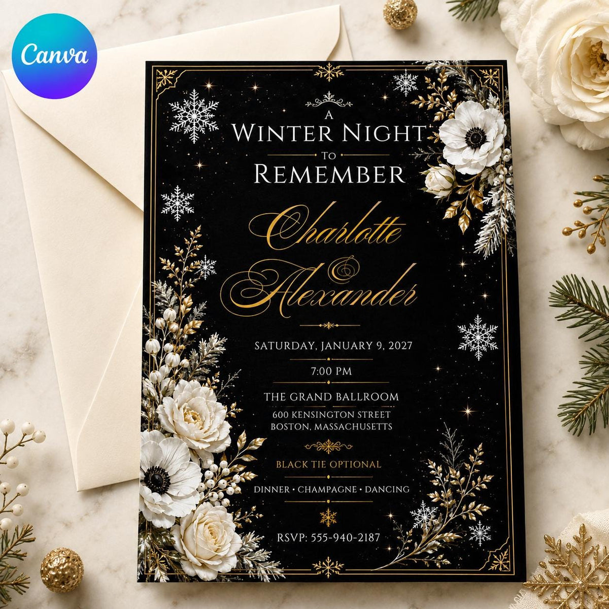 Elegant Black Gold Winter Party Invitation — editable Canva template