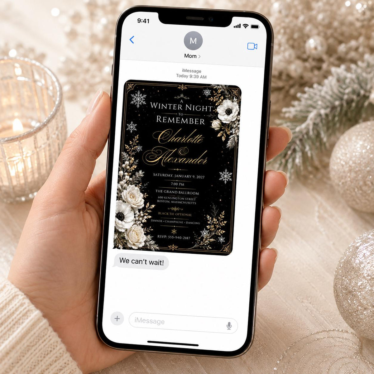 Elegant Black Gold Winter Party Invitation — snowflake design