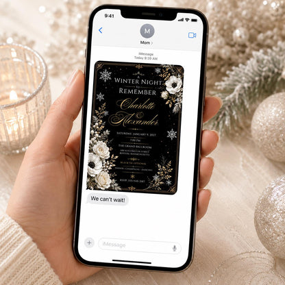 Elegant Black Gold Winter Party Invitation — snowflake design