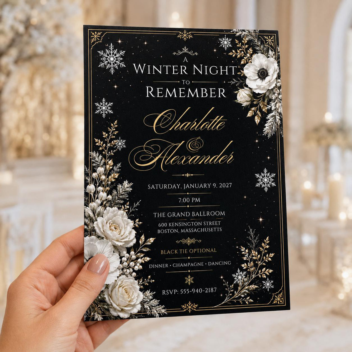 Elegant Black Gold Winter Party Invitation — invitation you personalize in Canva