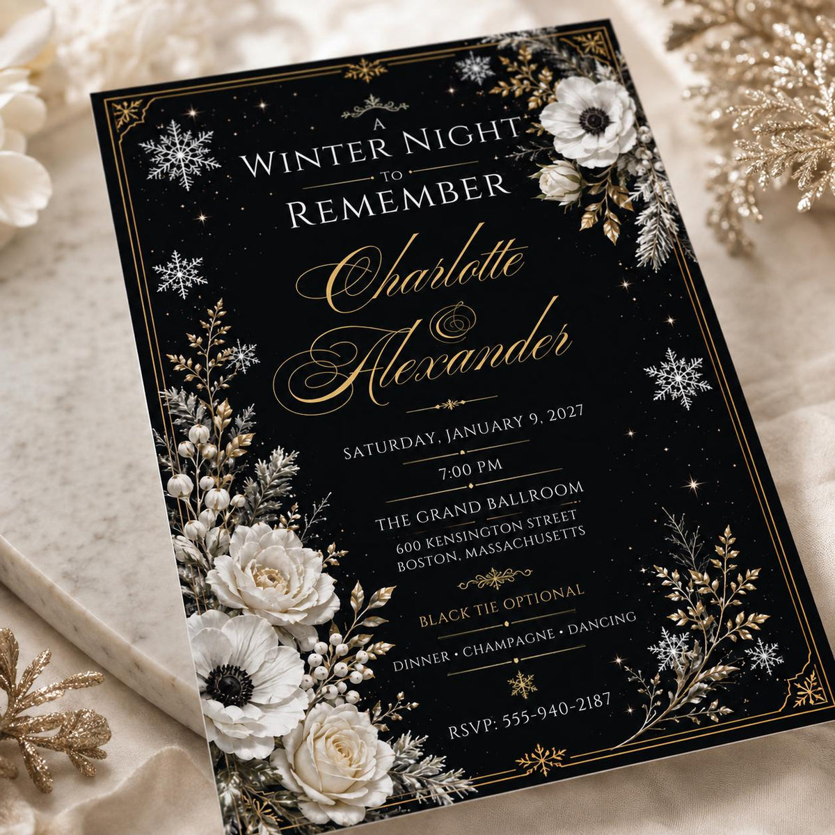Elegant Black Gold Winter Party Invitation — digital invitation, instant download