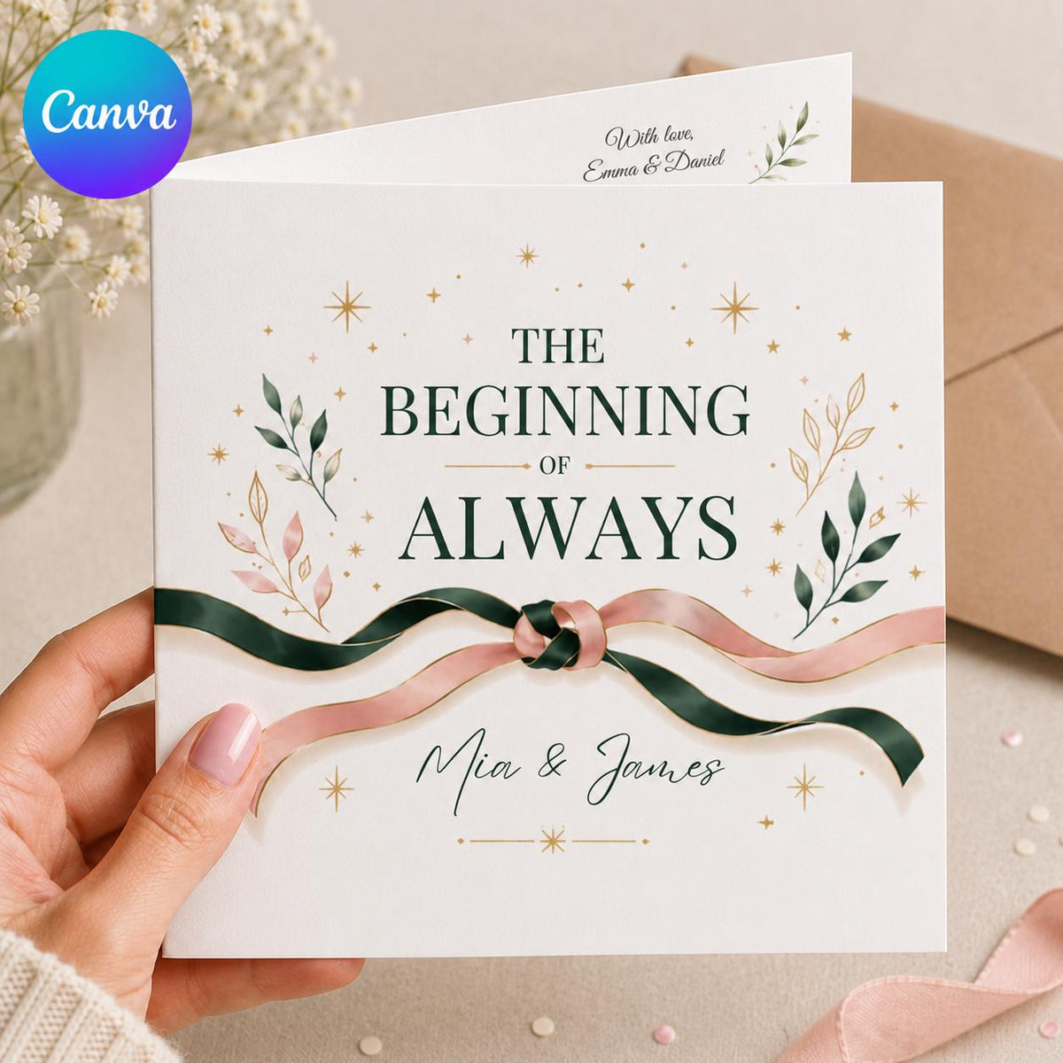 Elegant Botanical Engagement Greeting Card for Couple — editable Canva template