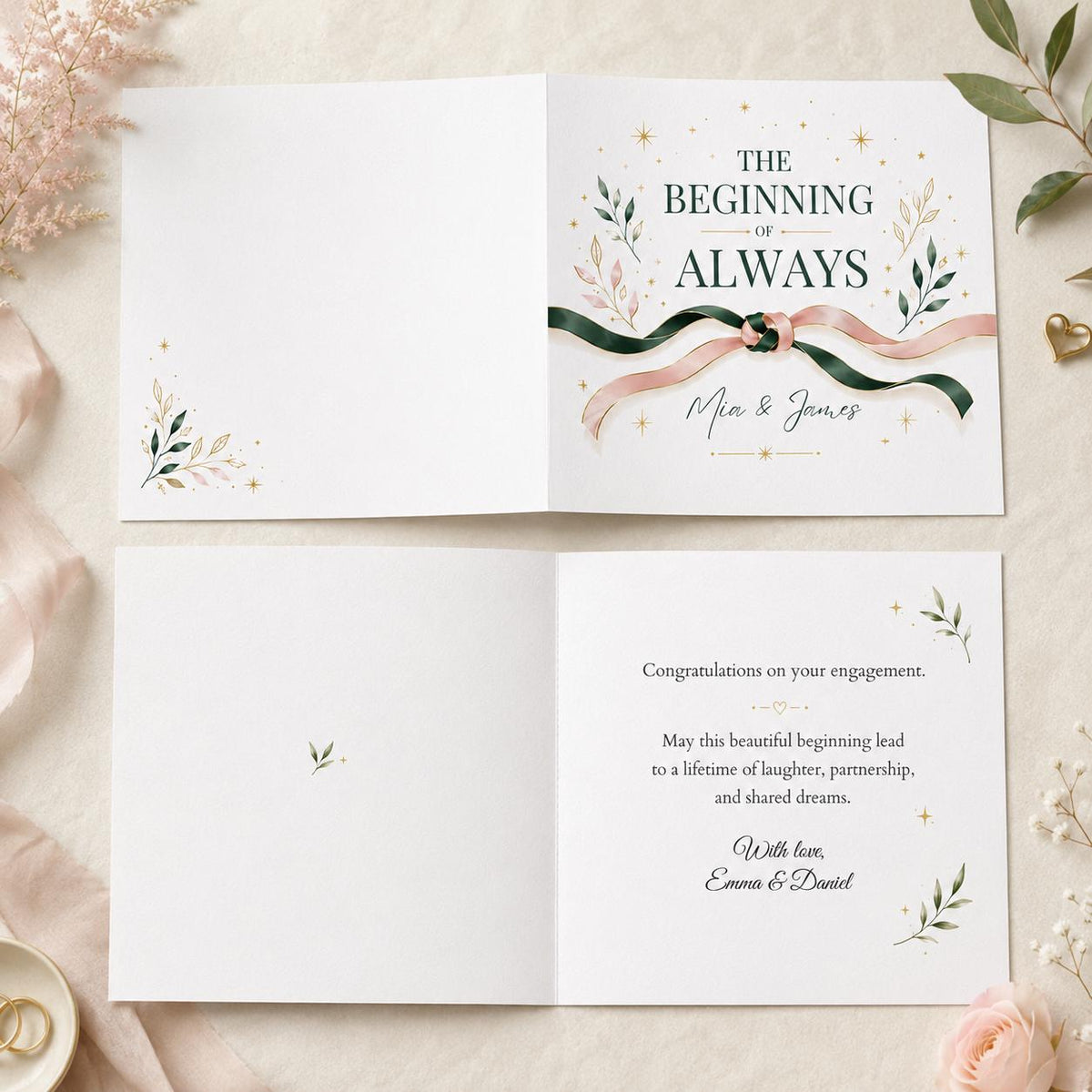 Elegant Botanical Engagement Greeting Card for Couple — greeting card you personalize in Canva