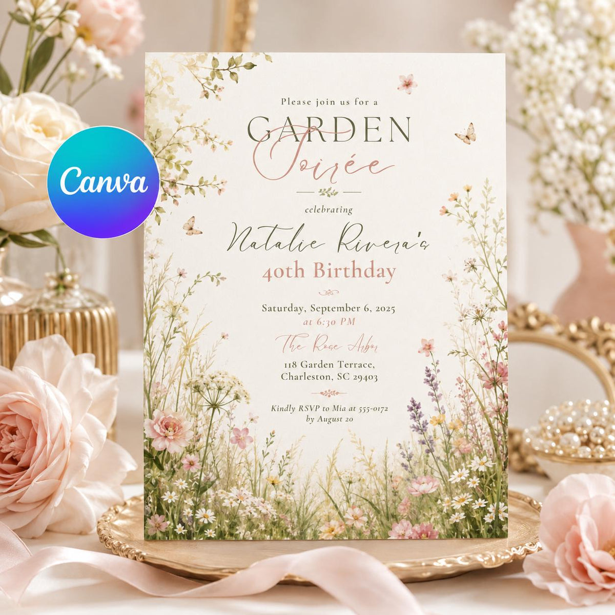 Elegant Botanical Garden Soiree 40th Birthday Invitation — editable Canva template