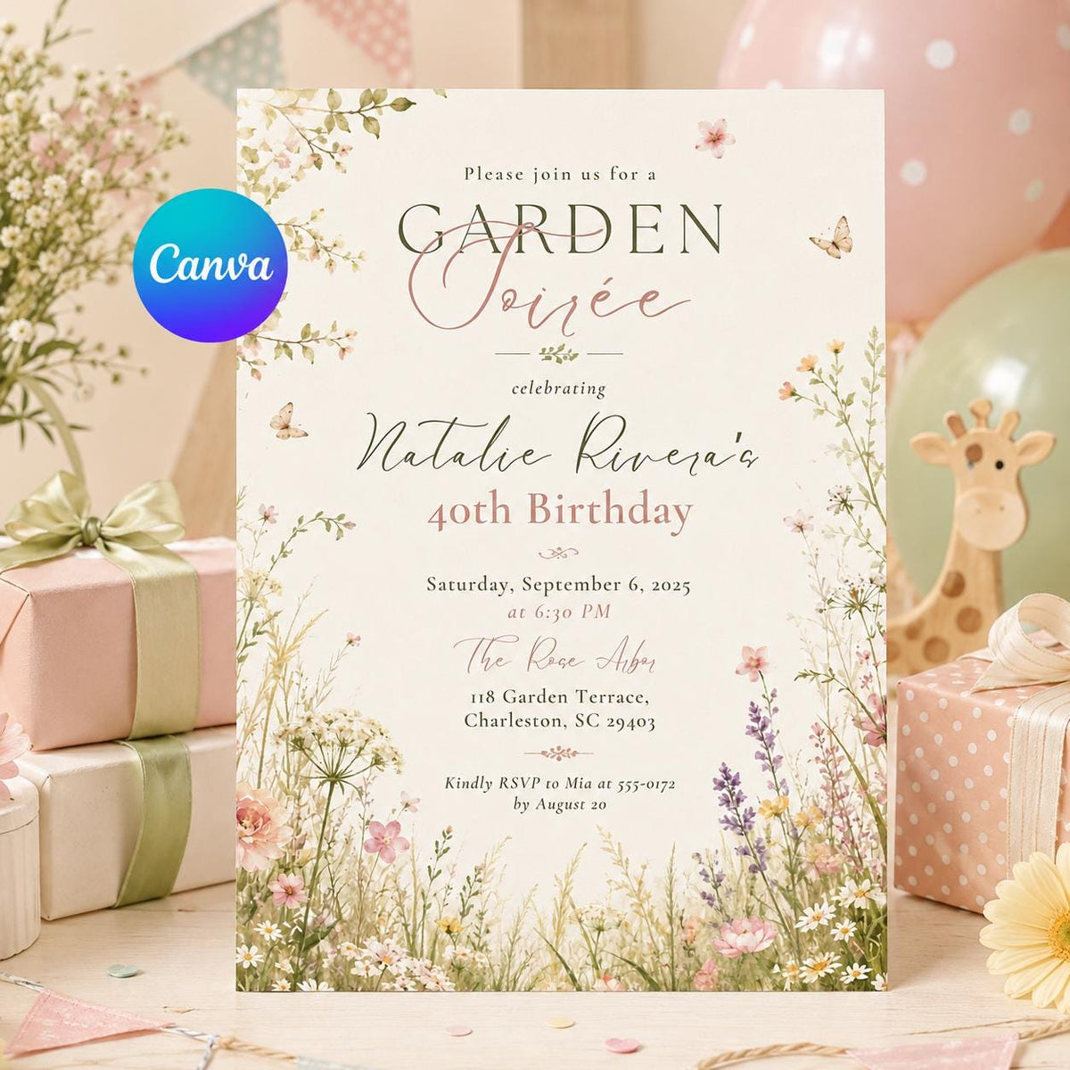 Elegant Botanical Garden Soiree 40th Birthday Invitation — wildflower design