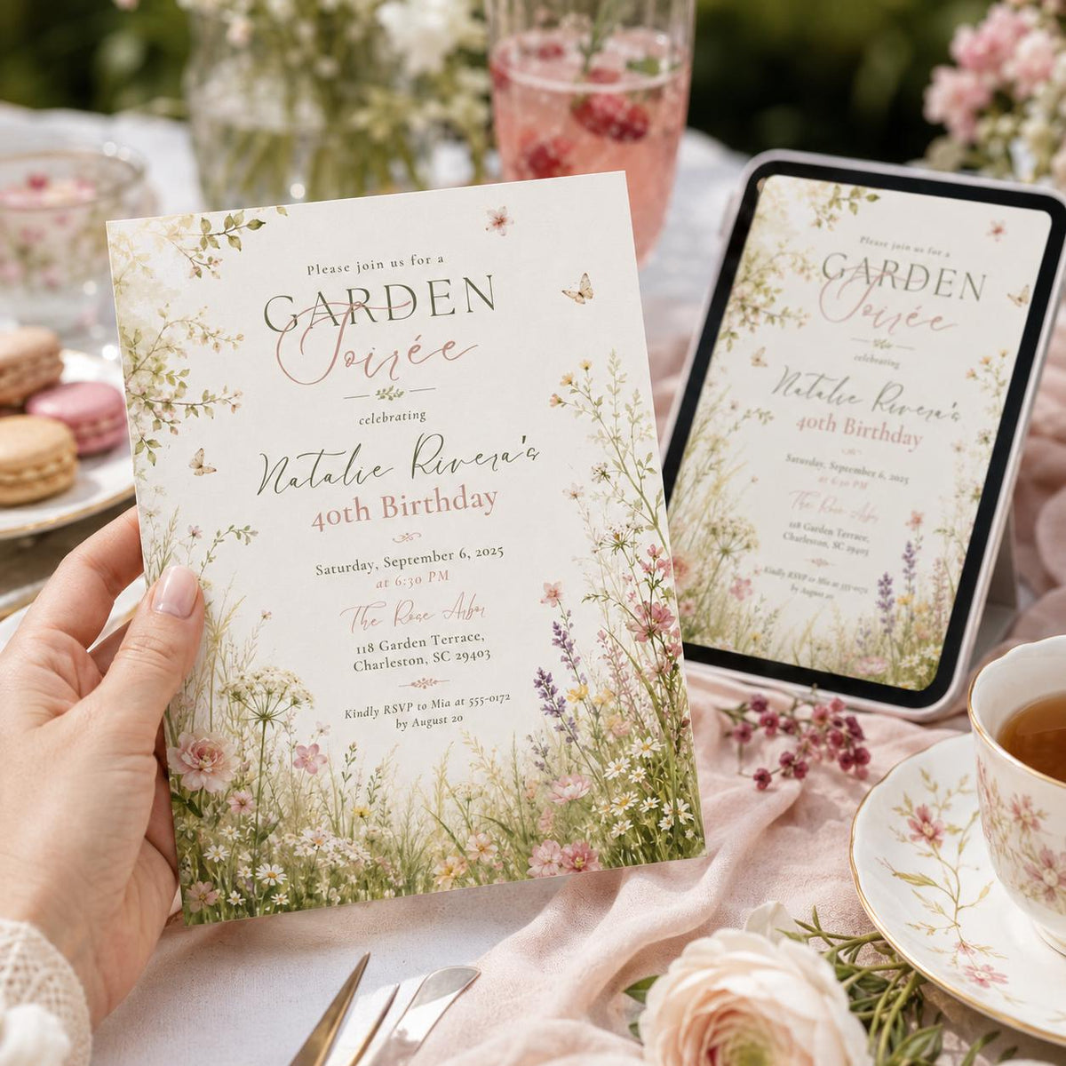 Elegant Botanical Garden Soiree 40th Birthday Invitation — print-ready 40th birthday party design from VoltBy