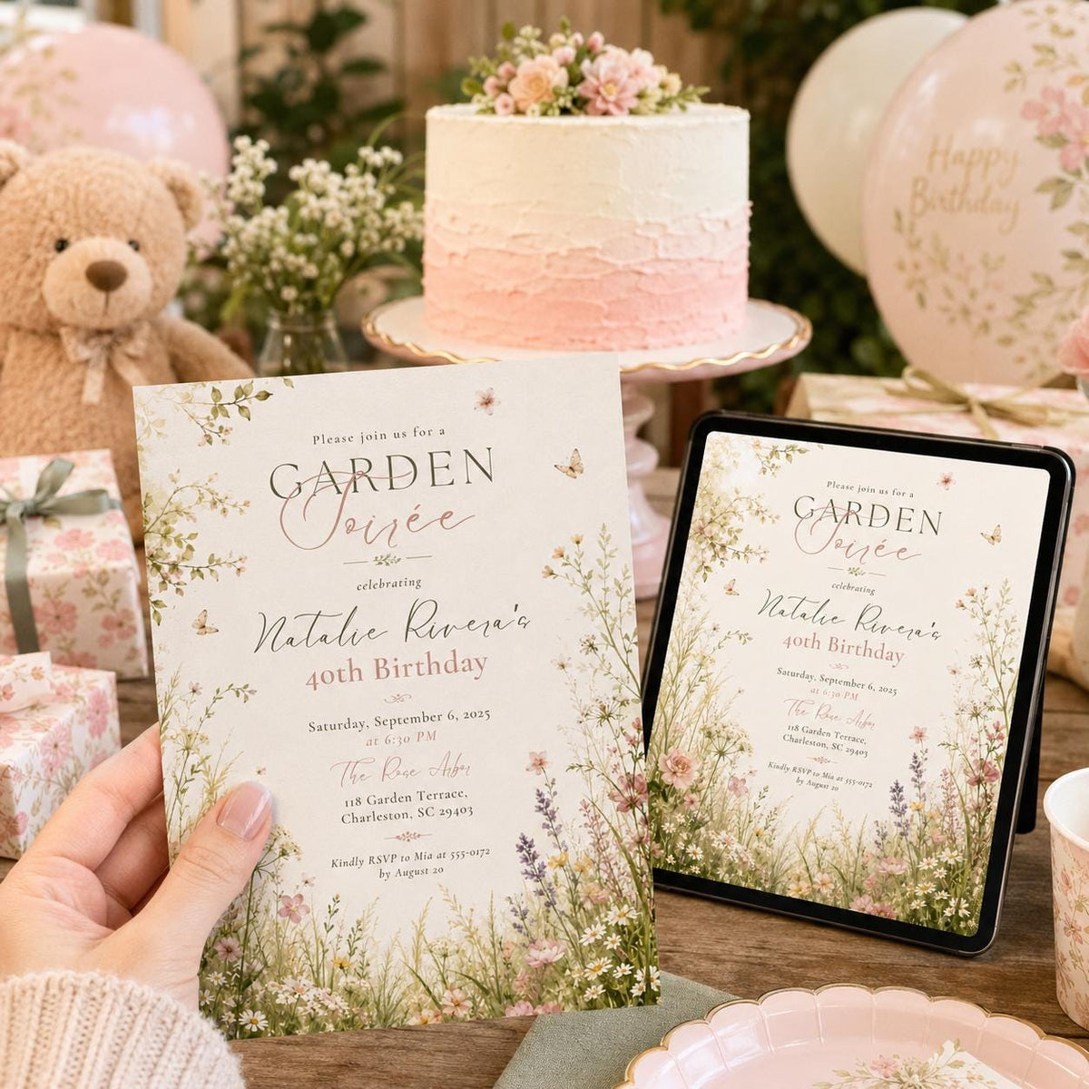 Elegant Botanical Garden Soiree 40th Birthday Invitation — digital invitation, instant download