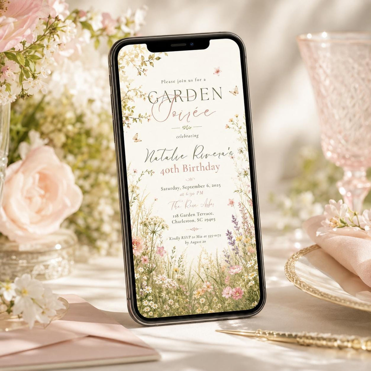 Elegant Botanical Garden Soiree 40th Birthday Invitation — design view 2