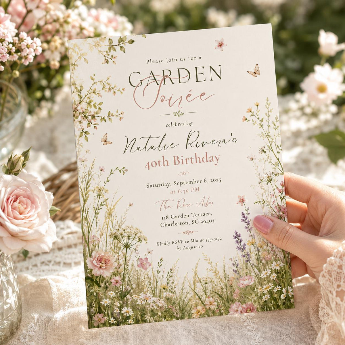 Elegant Botanical Garden Soiree 40th Birthday Invitation — design view 3