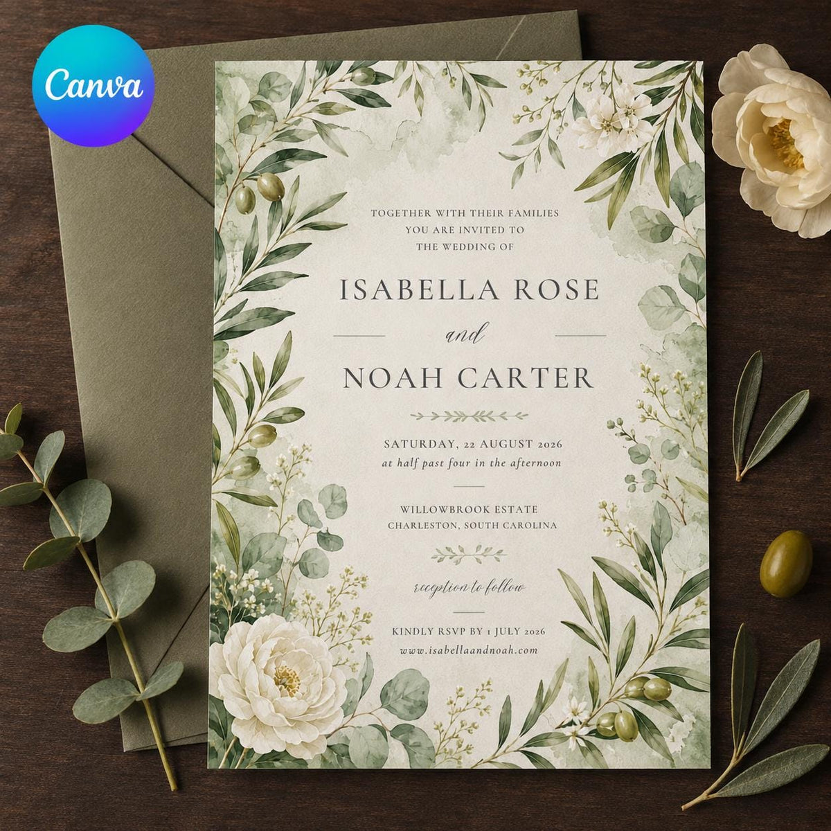 Elegant Botanical Greenery Wedding Invitation — editable Canva template