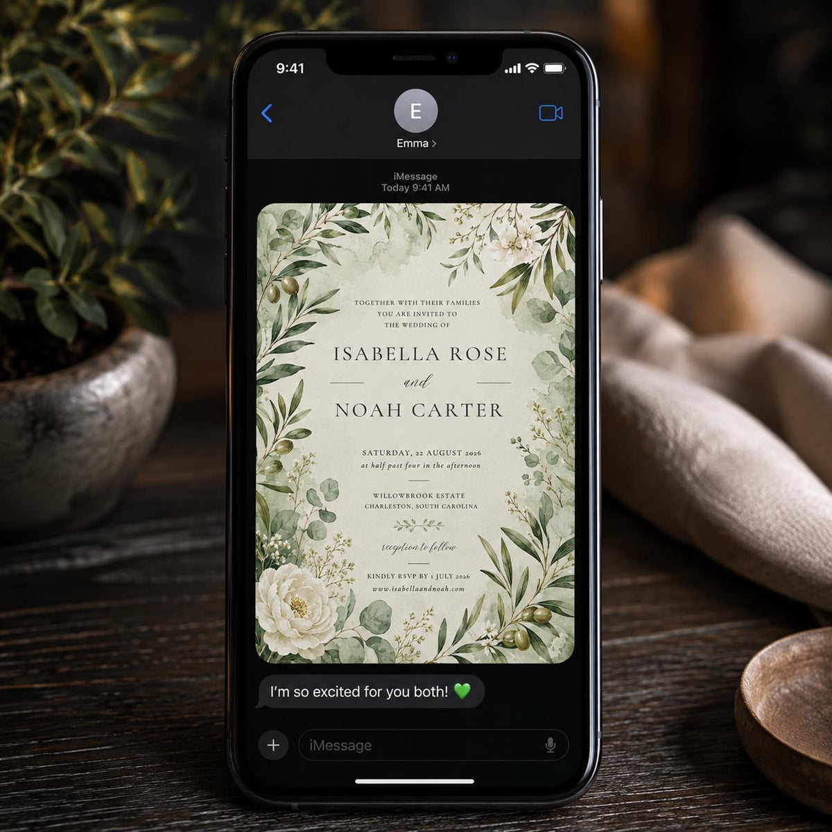 Elegant Botanical Greenery Wedding Invitation — invitation you personalize in Canva