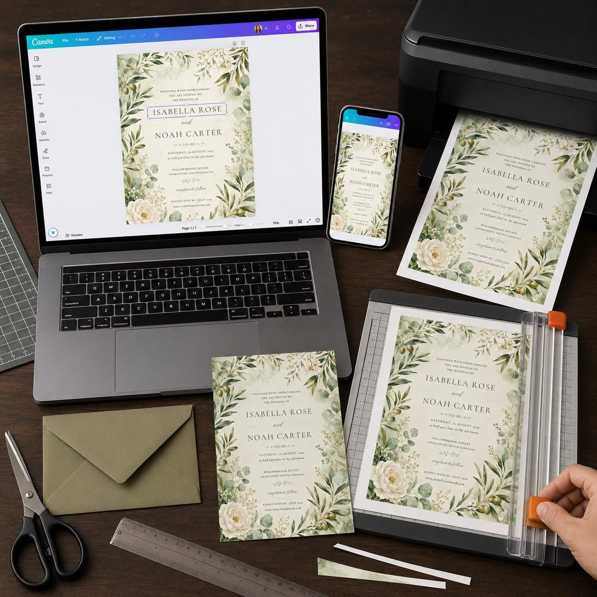 Elegant Botanical Greenery Wedding Invitation — print-ready wedding design from VoltBy